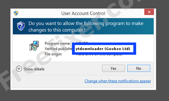 Screenshot where ytdownloader (Goobzo Ltd) appears as the verified publisher in the UAC dialog